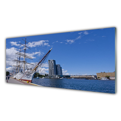 Plexiglas® Wall Art Boat sea town landscape white brown blue