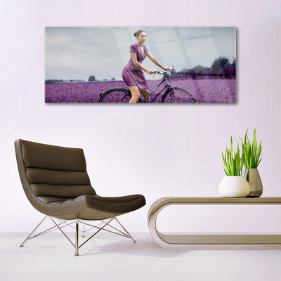 Plexiglas® Wall Art Woman bicycle meadow people pink