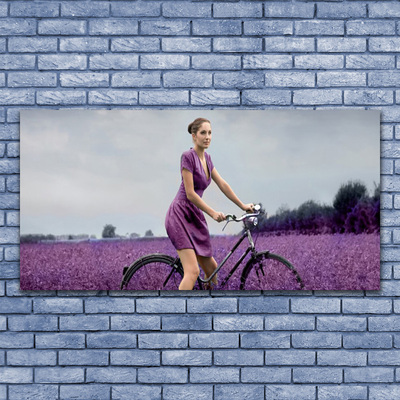 Plexiglas® Wall Art Woman bicycle meadow people pink