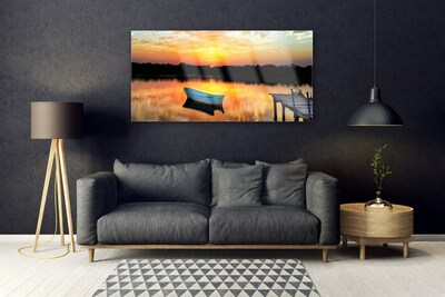 Plexiglas® Wall Art Boat bridge lake landscape white grey yellow black