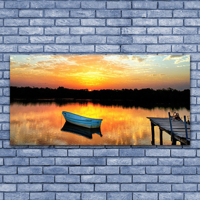 Plexiglas® Wall Art Boat bridge lake landscape white grey yellow black