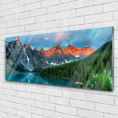 Plexiglas® Wall Art Mountain forest lake landscape blue green grey yellow