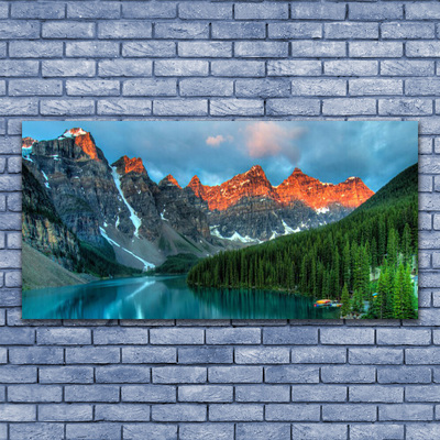 Plexiglas® Wall Art Mountain forest lake landscape blue green grey yellow