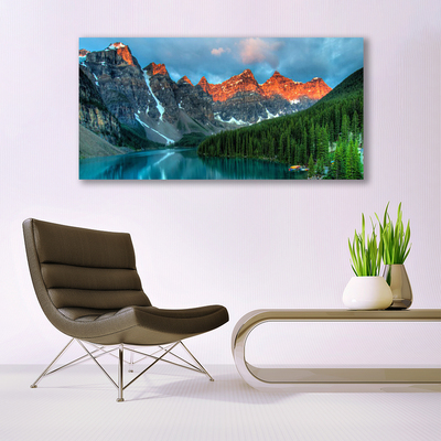 Plexiglas® Wall Art Mountain forest lake landscape blue green grey yellow