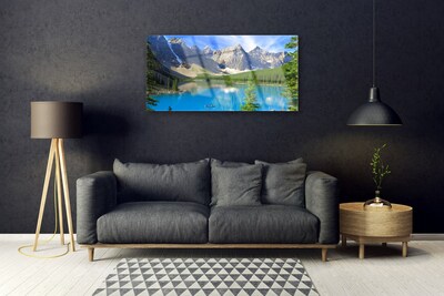 Plexiglas® Wall Art Lake mountain forest landscape blue green grey white