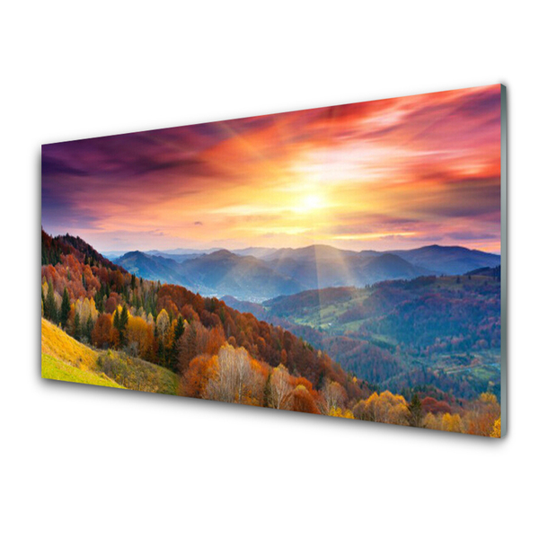 Plexiglas® Wall Art Mountain forest yellow landscape green blue yellow pink