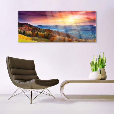 Plexiglas® Wall Art Mountain forest yellow landscape green blue yellow pink