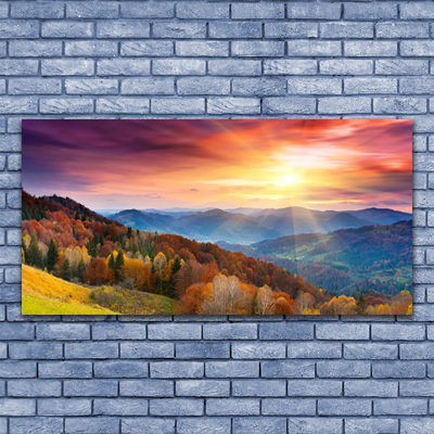 Plexiglas® Wall Art Mountain forest yellow landscape green blue yellow pink