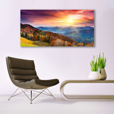 Plexiglas® Wall Art Mountain forest yellow landscape green blue yellow pink