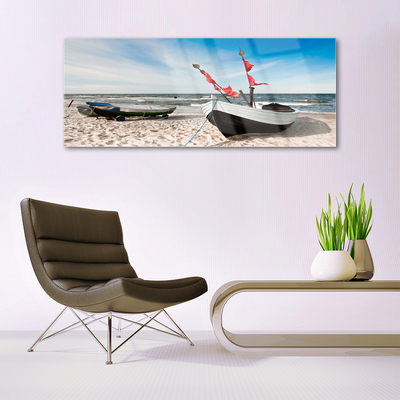 Plexiglas® Wall Art Boats beach landscape white black brown blue