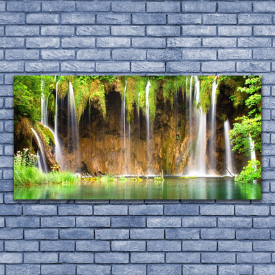 Plexiglas® Wall Art Waterfall lake nature brown green white blue