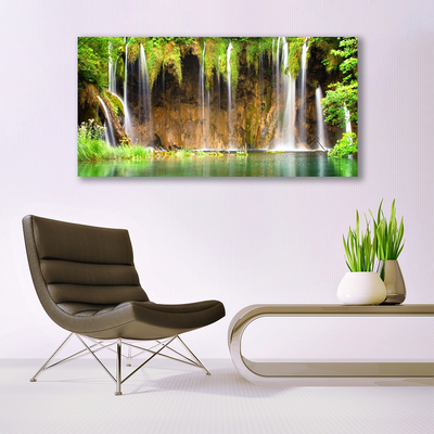 Plexiglas® Wall Art Waterfall lake nature brown green white blue