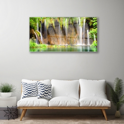 Plexiglas® Wall Art Waterfall lake nature brown green white blue