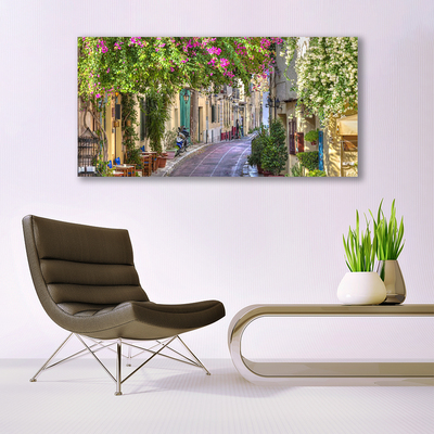 Plexiglas® Wall Art Alley houses floral yellow green brown