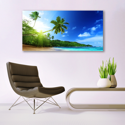 Plexiglas® Wall Art Beach sea palm trees landscape brown green blue