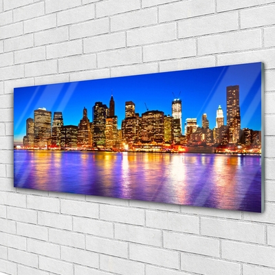 Plexiglas® Wall Art City houses purple yellow brown blue