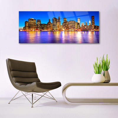 Plexiglas® Wall Art City houses purple yellow brown blue