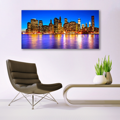 Plexiglas® Wall Art City houses purple yellow brown blue