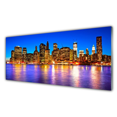 Plexiglas® Wall Art City houses purple yellow brown blue