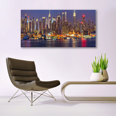 Plexiglas® Wall Art City houses purple yellow brown