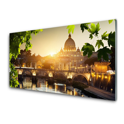 Plexiglas® Wall Art Bridge city leaves architecture green yellow brown