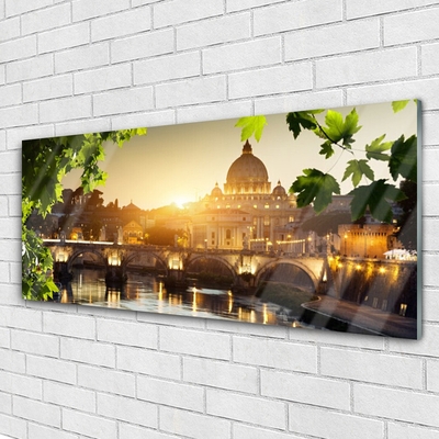 Plexiglas® Wall Art Bridge city leaves architecture green yellow brown