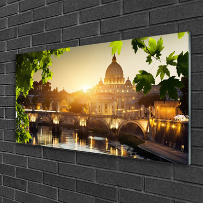 Plexiglas® Wall Art Bridge city leaves architecture green yellow brown