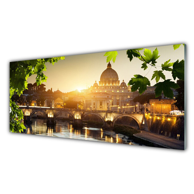 Plexiglas® Wall Art Bridge city leaves architecture green yellow brown