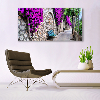 Plexiglas® Wall Art Alley seat bench architecture grey blue pink brown