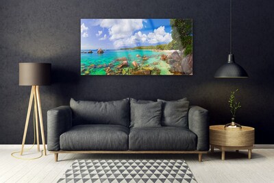 Plexiglas® Wall Art Sea stones trees landscape blue grey green brown