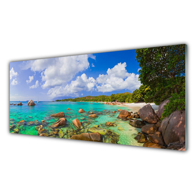 Plexiglas® Wall Art Sea stones trees landscape blue grey green brown