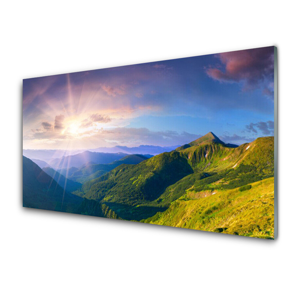 Plexiglas® Wall Art Mountain meadow sun landscape yellow grey green purple