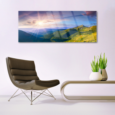 Plexiglas® Wall Art Mountain meadow sun landscape yellow grey green purple