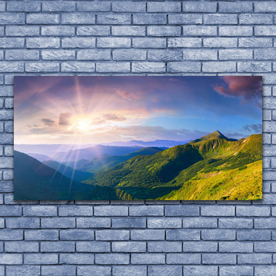 Plexiglas® Wall Art Mountain meadow sun landscape yellow grey green purple