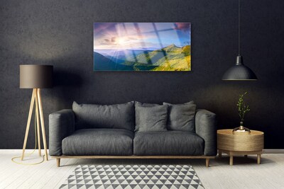 Plexiglas® Wall Art Mountain meadow sun landscape yellow grey green purple