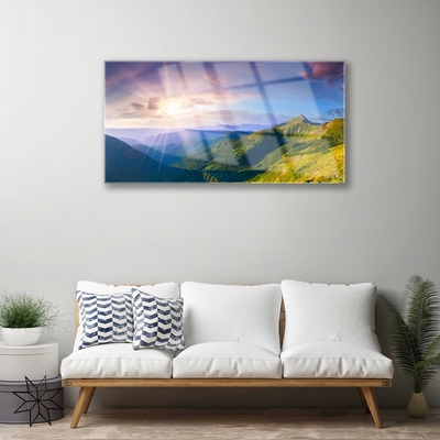 Plexiglas® Wall Art Mountain meadow sun landscape yellow grey green purple