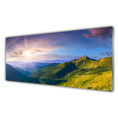 Plexiglas® Wall Art Mountain meadow sun landscape yellow grey green purple