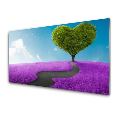 Plexiglas® Wall Art Meadow footpath tree nature pink grey green