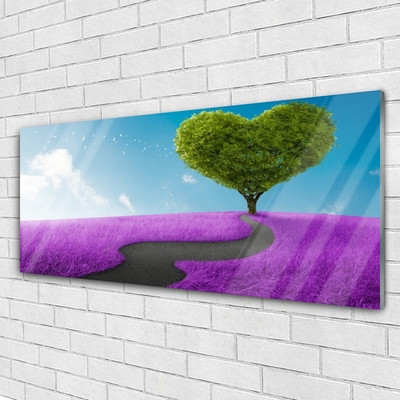 Plexiglas® Wall Art Meadow footpath tree nature pink grey green