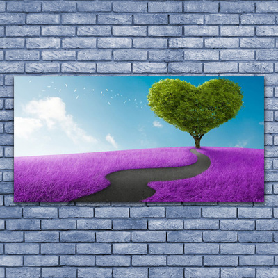 Plexiglas® Wall Art Meadow footpath tree nature pink grey green