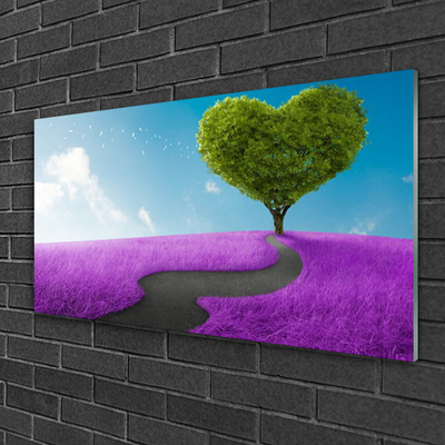 Plexiglas® Wall Art Meadow footpath tree nature pink grey green