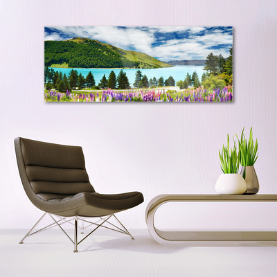 Plexiglas® Wall Art Mountain forest lake meadow landscape green blue purple pink