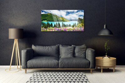 Plexiglas® Wall Art Mountain forest lake meadow landscape green blue purple pink