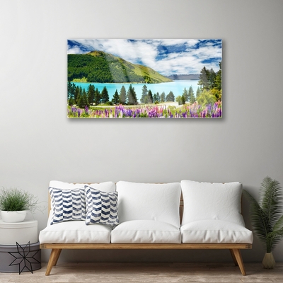 Plexiglas® Wall Art Mountain forest lake meadow landscape green blue purple pink