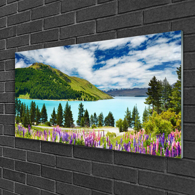 Plexiglas® Wall Art Mountain forest lake meadow landscape green blue purple pink