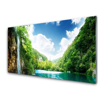 Plexiglas® Wall Art Mountain forest lake nature brown green blue