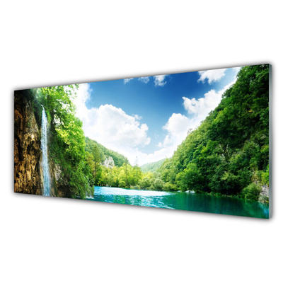 Plexiglas® Wall Art Mountain forest lake nature brown green blue