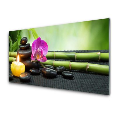 Plexiglas® Wall Art Bamboo flower stones candle art green pink black yellow