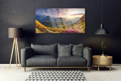 Plexiglas® Wall Art Mountain meadow sun landscape grey blue yellow green red