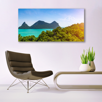 Plexiglas® Wall Art Mountains sea trees landscape grey blue green